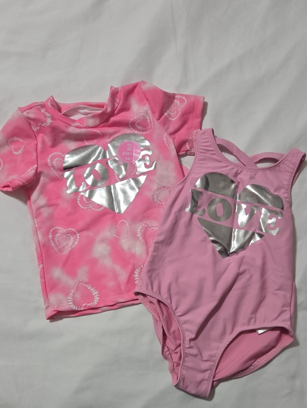 Young hearts swim 2 piece pink love rash guard and swim suit set